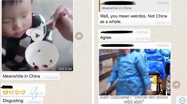 중국계 학생이 있는 채팅방에서 발언을 서슴없이 하는 학생들.