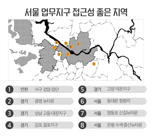 (인포그래픽) 서울 업무지구 접근성 좋은 지역 ⓒ위클리서울/ 부동산인포