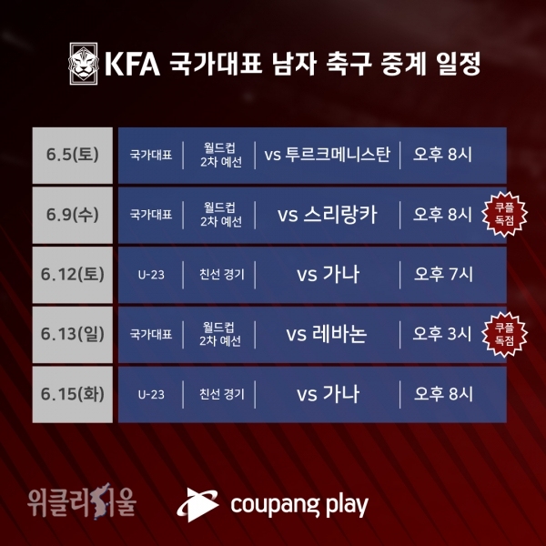 쿠팡플레이, KFA 남자 축구 국가대표 경기 생중계 ⓒ위클리서울 /쿠팡플레이