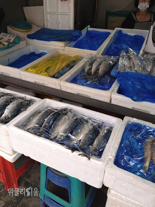 다양한 생선들을 판매하는 수산물점.