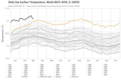 지난해 일일 해수면 온도 그래프 ⓒ위클리서울/(사진=메인대 기후변화 센터 기후재분석기)