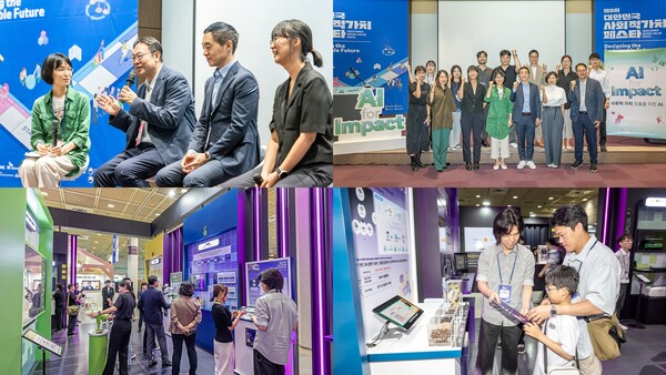 (사진 왼쪽 위부터 시계방향으로) (왼쪽부터) SK하이닉스 이방실 부사장(SV담당), 에이아이웍스 윤석원 대표, 수퍼빈 김정빈 대표, (재)숲과나눔 풀씨행동연구소 신재은 소장, 마이크로소프트 성종은 엘리베이트 스킬 한국 총괄이 참석한 가운데 진행된 토론 세션/참가자들의 단체 기념 사진/SK하이닉스 부스에서 다양한 전시 및 체험 활동에 참여하고 있는 참관객들. ⓒ위클리서울 / SK하이닉스 